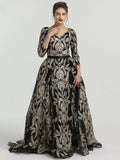 ASRAH, this beautiful v neckline floor length black and silver evening dress has a stunning damask print design all over the dress.