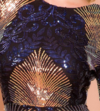 The stunning blue and gold round neckline ARLINA prom dress is finished off nicely with sequins giving it that unique shine. Body con fitted floor length dress.